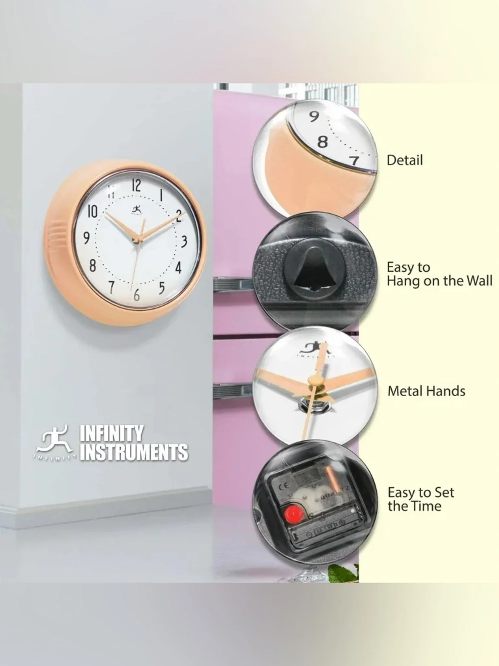 Infinity Instruments Retro 9.5 Inch Round Indoor Wall Clock, Peach Fuzz